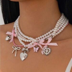 Delicate Pink Ribbon Pearl Charm Necklace